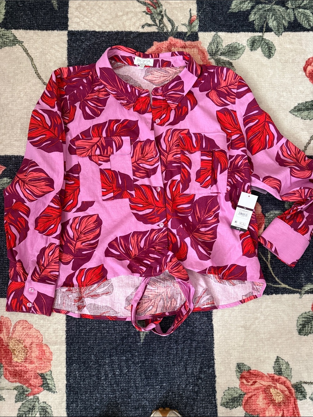 Pink & Red Tropical Leaf Button-Up Blouse